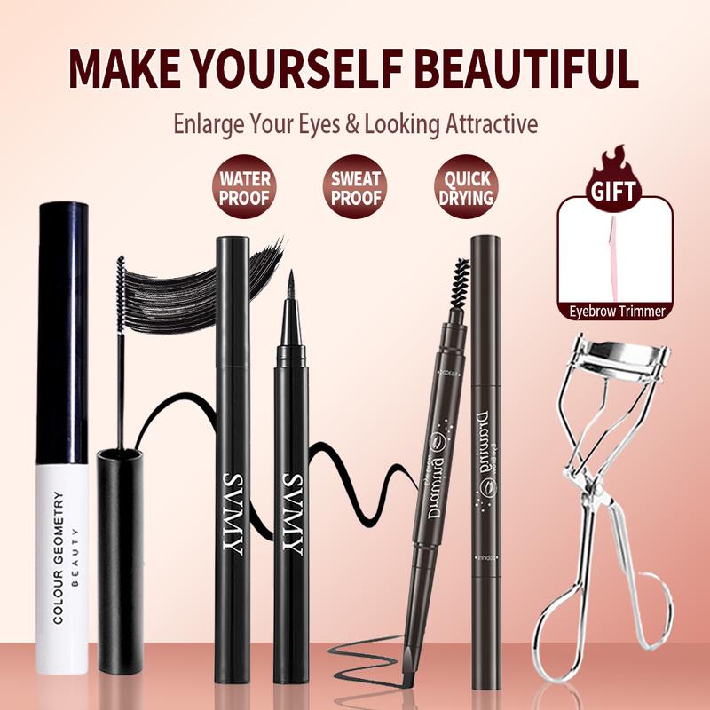 Bộ Trang Điểm Mắt, 5 Món, Chì Kẻ Mày Hai Đầu Tự Động, Bút Kẻ Mắt Màu Đen Chống Nhòe Không Thấm Nước Lâu Trôi, Mascara Làm Dài Xoăn Khối Lượng, Dụng Cụ Uốn Mi Tự Nhiên, Máy Tỉa Lông Mày hộp  quà
