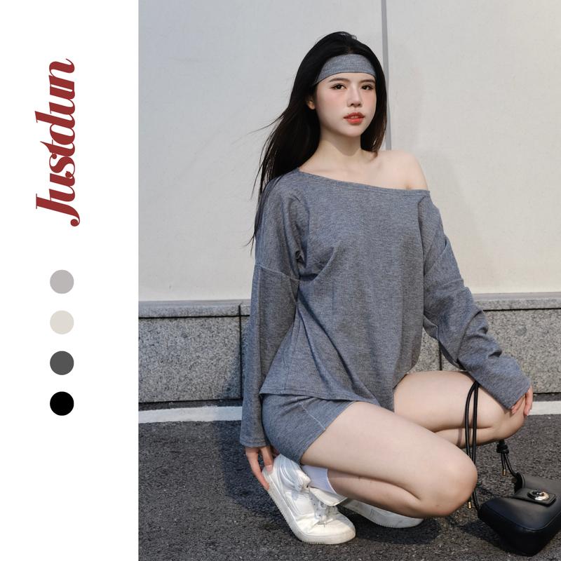 [Xả kho ] Set bộ áo và quần 3 món KÈM BĂNG ĐÔ lệch vai len lông thỏ basic Justdun ST01