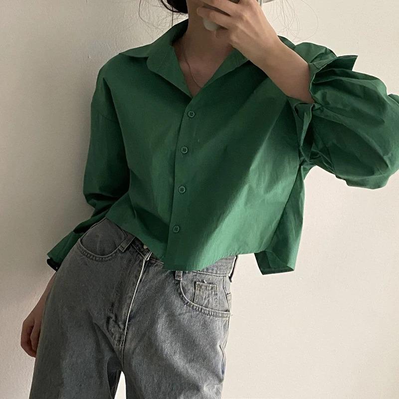 Product Introduction of Fashion Short Shirts Women Korean Chic Loose Solid Color Long Sleeve Crop Tops Female Casual Elegant Button Split Turn Down Collar Blouse 12