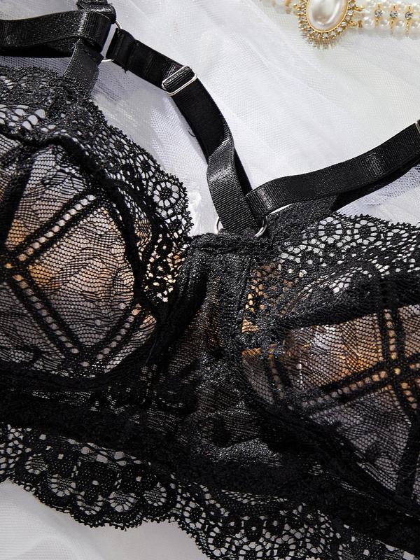 Women's 3pcs Sexy Garter Lingerie Set, Adjustable Strap Contrast Lace Ruffle Bra & Contrast Mesh Sheer Thong & Garter Belt Mesh Skirt Set, Lingerie Set for Women 3