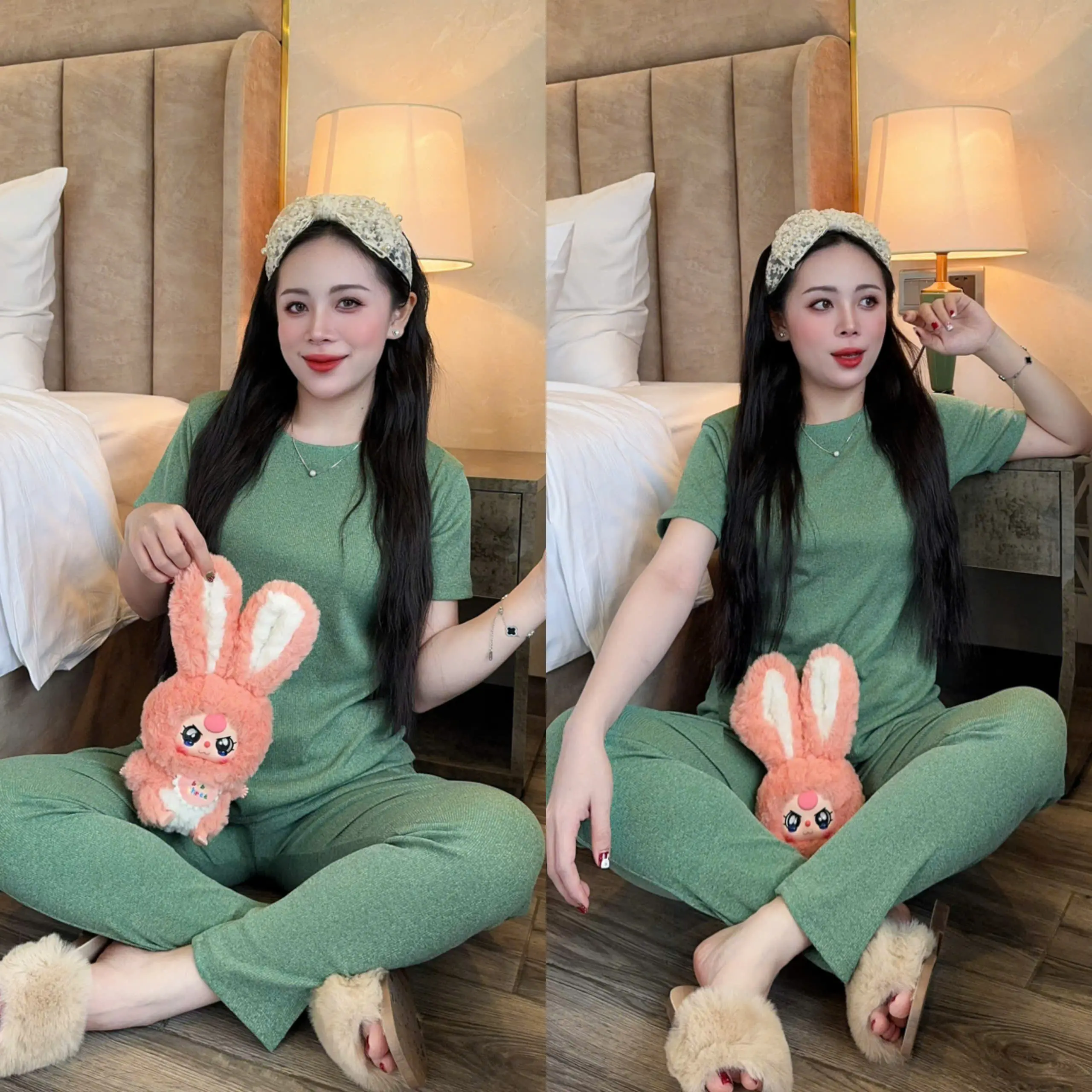Bộ Cổ Tròn Chất Tăm Lạnh Đốm Tay Ngắn Quần Baggy