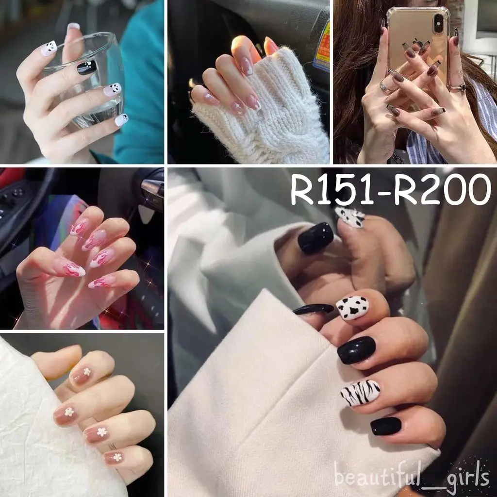2024 Popular Short Cute Girls Fake Nails 24 Pieces Nail Stickers Korean Style White Classic Style Nails