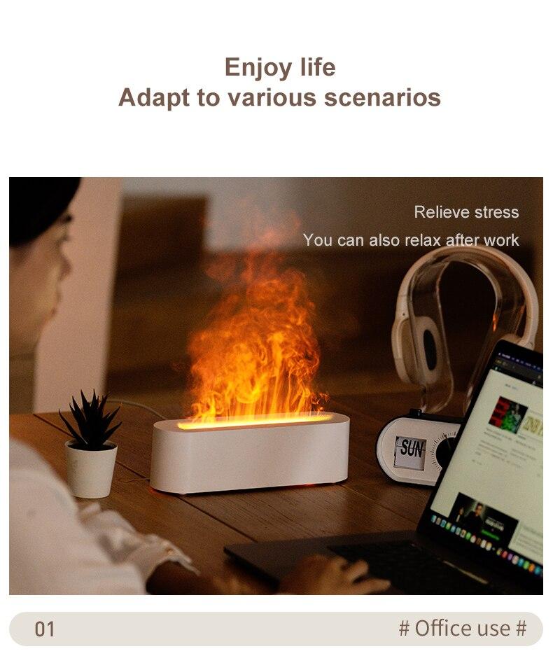 Product Introduction of Flame Aroma Diffuser Humidifier USB Desktop Simulation Light Aromatherapy Purifier Air for Bedroom With 7 Colors 45