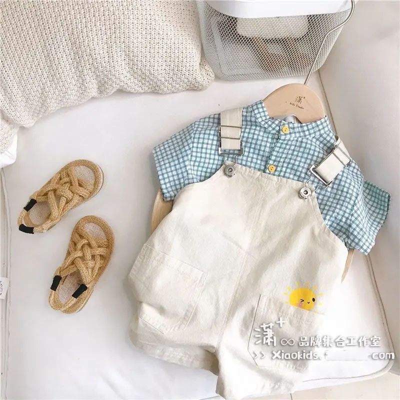 Bộ Quần Yếm Áo Sơ Mi Kẻ Sọc Cho Trẻ Em, Phong Cách Hàn Quốc, Bộ Đồ Mỏng Cho Bé Trai, Bộ Sưu Tập Tươi Mới Mùa Hè Năm 2025, Phong Cách Ins