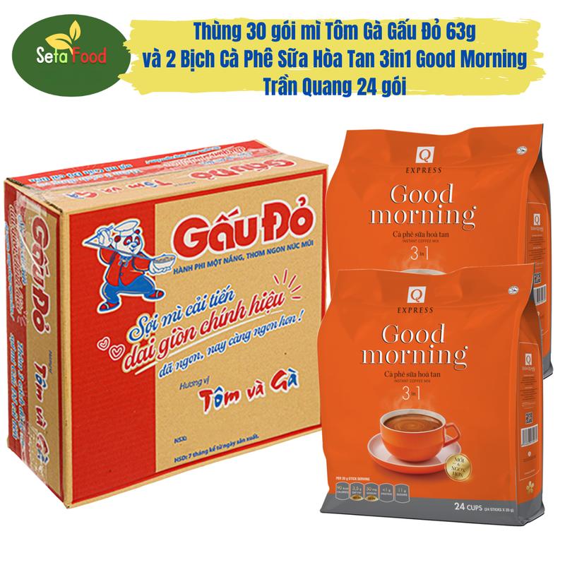 Combo 2 Bịch Cà Phê Sữa Hòa Tan 3in1 Good Morning Trần Quang và 1 thùng mì 30 gói Gấu Đỏ cf 1 milk