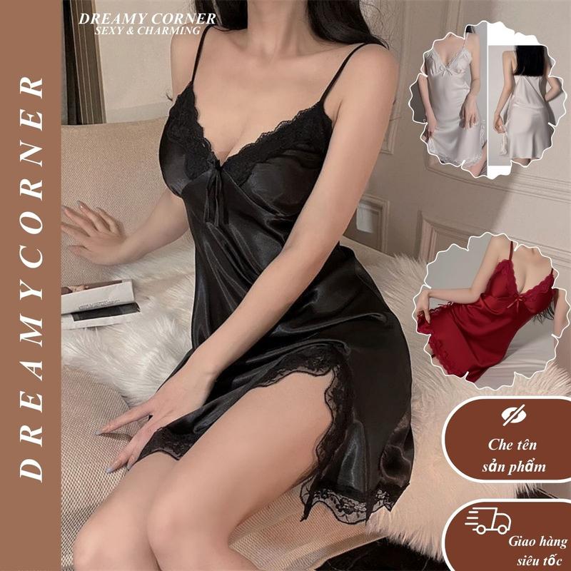 Váy ngủ nữ sexy chất liệu lụa cao cấp đầm ngủ 2 dây phối ren xẻ tà  DN107 Đồ ngủ đầm ngủ nữ quyến rũ, các mẫu váy ngủ dễ thương