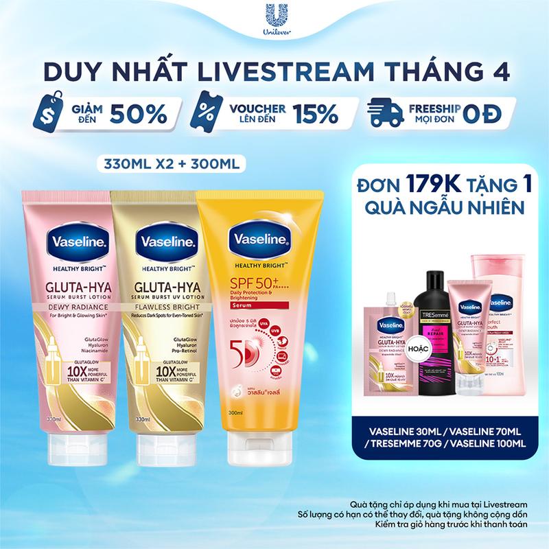 Combo 3 Sữa Dưỡng Da Body Nữ Vaseline Gluta-Hya Lotion Hỗ Trợ Dưỡng Body Ngày Đêm 330mlx2 + Serum Chống Nắng Vaseline Với SPF50+PA++++ Hỗ Trợ Bảo Vệ Da Nữ 300ml [1]