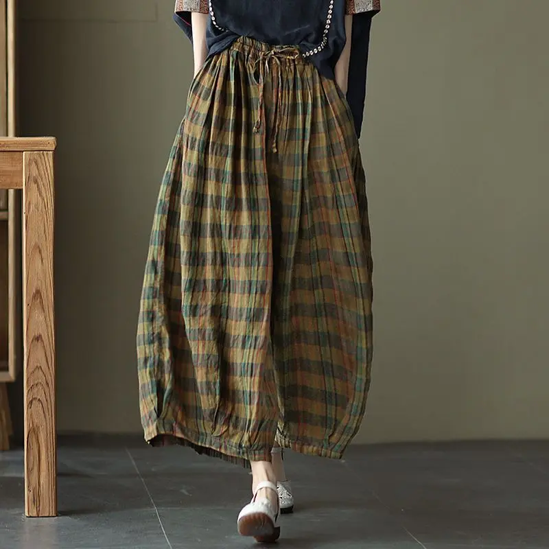 Quần Ca Rô Vải Lanh Cotton Nguyên Chất, Eo Thắt Nơ Ống Rộng, Dành Cho Nữ, Thoáng Khí Mùa Hè, Quần Dài Bó Sát Ngoại Cỡ, Thoải Mái Trong Điều Kiện Khí Hậu Nhiệt Đới, Nhẹ, Thích Hợp Mặc Hàng Ngày Và Trang Phục Công Sở Thường Ngày, Năm 2025 Women Pants