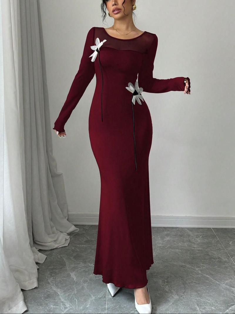 Product Introduction of Women's Plain Floral Decor Long Sleeve Evening Dress, Elegant Fashion Maxi Dress for Party Ball Performance Wear, Women's Dress for Spring Fall 4