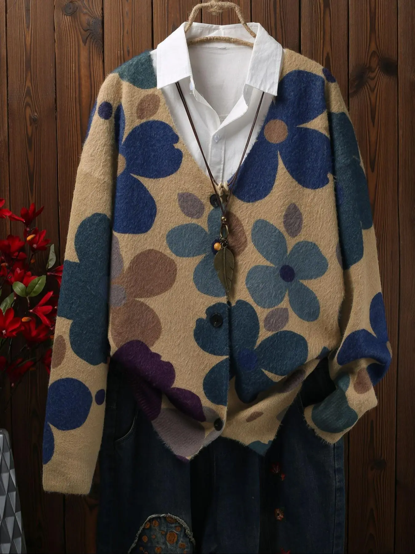 【Plus Size】 Floral Print Button Cardigan, Casual Long Sleeve Open Front Knitwear for Fall & Winter, Women's Plus Clothing for Daily Wear
