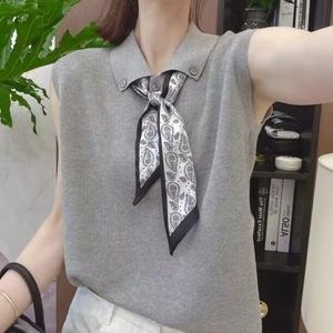 Korean Version Versatile Polo Collar T-shirt Women's fashion Turn-down Collar Silk Scarf Knitted Sleeveless Vest Top