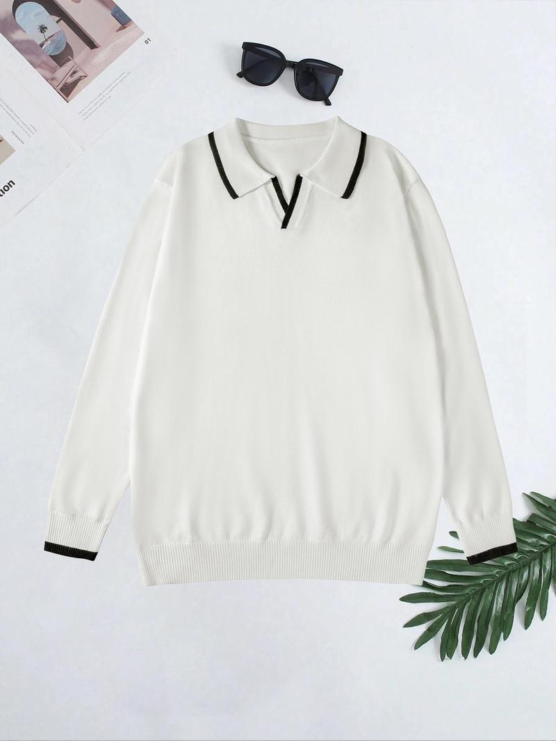 Product Introduction of Men's Contrast Binding Polo Neck Sweater, Regular Fit Casual Long Sleeve Jumper for Fall & Winter, Men's Knitwear for Daily Wear 14