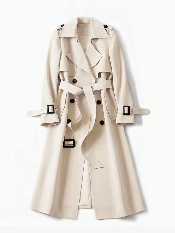 Women's Solid Double Button Belted Trench Coat, Elegant Lapel Neck Long Sleeve Coat for Fall & Winter, Women's Clothing for Daily Wear, Clothing for Women, Going Out Tops 4