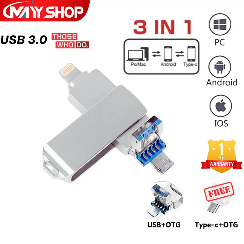 MAYY 1TB 3 in 1 IOS OTG USB Flash Drive 32GB 64GB 128GB 512GB 1TB Rotation Pen Drive for iPhone/Android/PC [ISO+Micro+USB] 0