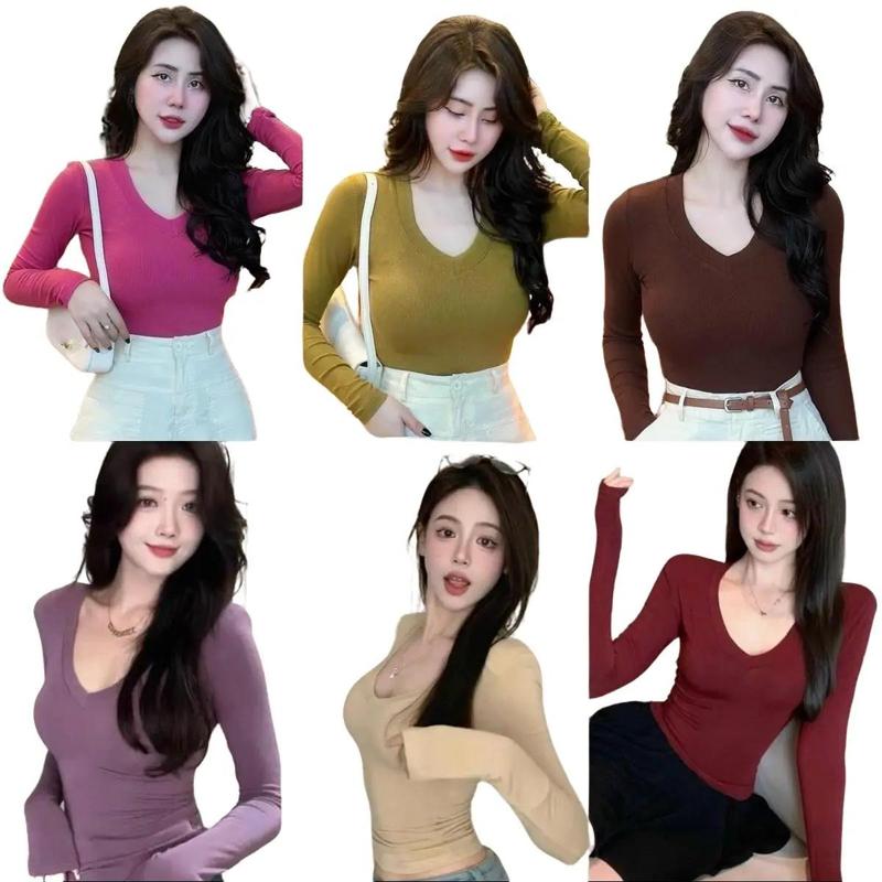 Áo Thun Nữ Cổ Tim Tay Dài Dáng Dài Ôm Body bo tăm ríp Lụa Mịn Mát , mùa đông giữ nhiệt cho cơ thể - Size Từ 45Kg - 55Kg - Voi, Nâu Women - Top
