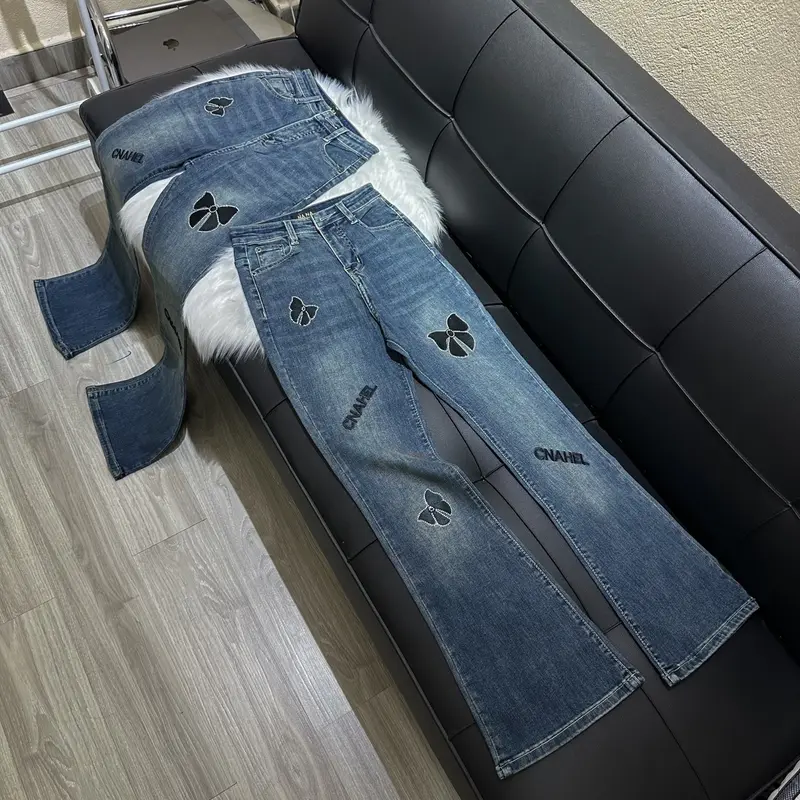 [N550 - Loe] Quần Jean Ống Loe thêu nơ đính đá chất vải QC mềm co giãn màu xanh rêu bụi dài 95cm 8