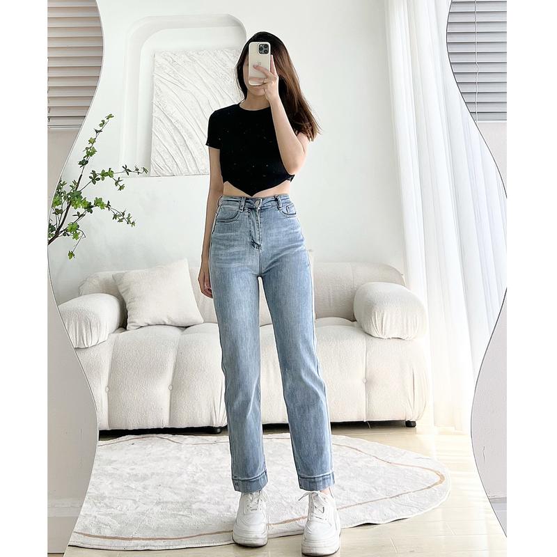 Quần Jean Ống Đứng GẤP LAI Co Dãn - Quần Bò Nữ Nấm Lùn Form Đứng Cạp Cao Leda