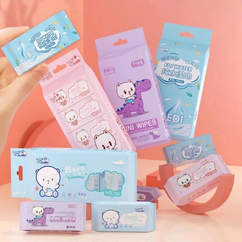  Combo 8 Túi  64 Gói Mini  Khăn giấy ướt mini bỏ túi tiện lợi không mùi mềm mại và thoải mái - Cho Bé 