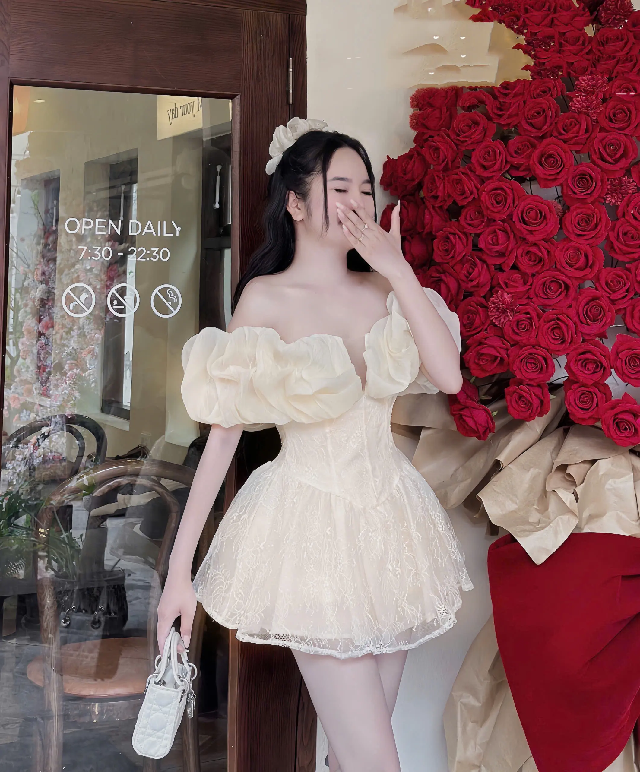 VÁY THIẾT KẾ REN KIMSA TRỄ VAI BÈO BỒNG- from ngắn C79 váynữ váy  trễ  vai  tay  phồng vayren vay  kieu