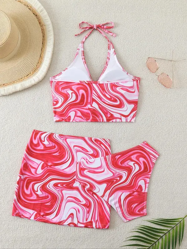 Women's Marble Print Tankini Set, Casual Sleeveless Swim Top & Swim Bottom & Cover Up Skirt Set, Ladies Swimsuit for Beach Holiday Vacation 4