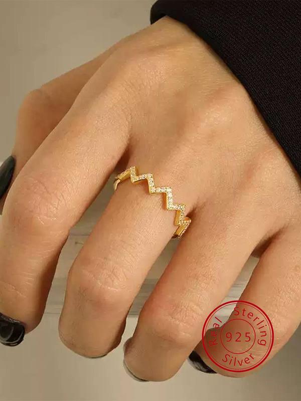 925 Sterling Silver Wave Shaped Artificial Zircon Decor Ring, Fashion Accessories for Women & Girls, Trendy All-match & Exquisite Jewelry for Birthday Gift 0