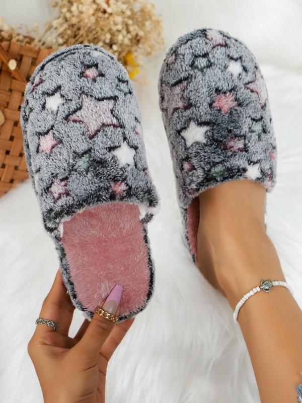 Women's Cute Bedroom Fuzzy Slippers Perfect, Trendy Y2k Style Star Pattern Cozy Fluffy Slippers, Ladies Slippers, Plush Warm House Slippers, Silent Non-slip Platform Slippers, Footwear 3