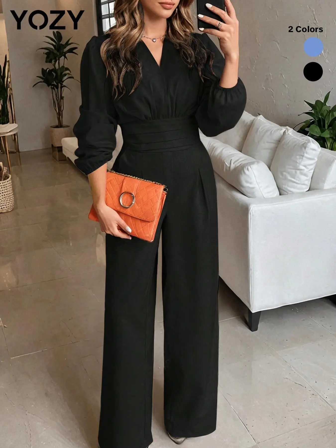 YOZY Women's Plain Shirred Bishop Sleeve Jumpsuit, Casual V Neck Long Sleeve Jumpsuit for Daily Wear, Ladies Clothes for All Seasons, Fall Clothes, Winter Clothes
