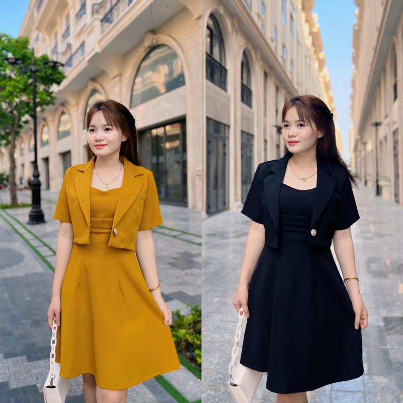 Set 2 món váy dây kèm áo vest có đệm vai Chất liệu tuyết mưa vitex Nữ Đen (kèm cài áo hoa) Top Women