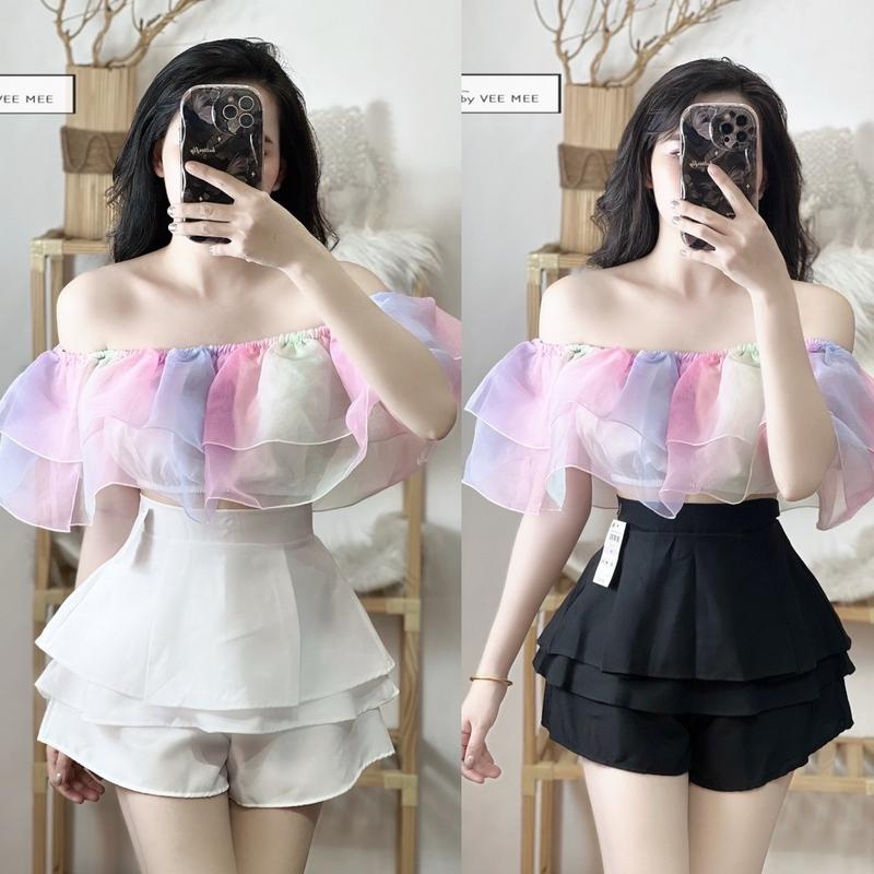 Set áo bẹt vai loang màu phối chân váy tầng Nữ Top voan tơ
