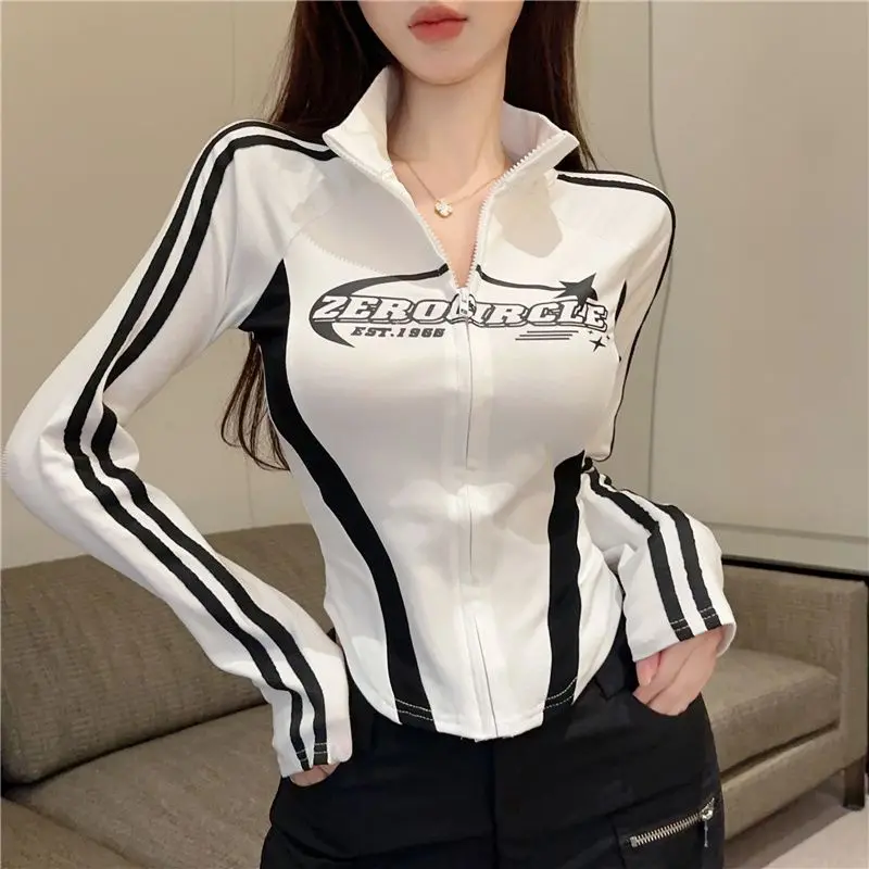 Áo Dài Tay, Thiết Kế Đẹp, Dành Cho Nữ, In Hình Mỹ Với Màu Tương Phản, Dây Kéo, Phong Cách Preppy Thể Thao, Áo Khoác Ngắn, Hàng Mới Về Mùa Xuân 2024