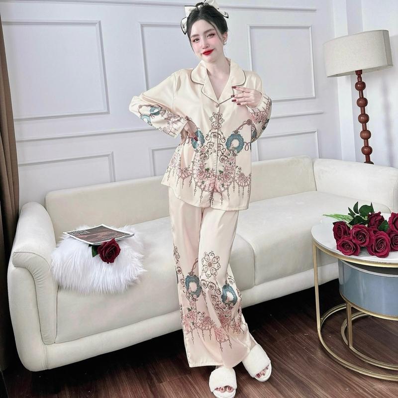 Bộ Quần Áo Lụa Mịn Viền Lé Nút Bọc Tay Dài Quần Dài Hoạ Tiết Sang  Nữ Voi Đồ Ngủ Nữ 3