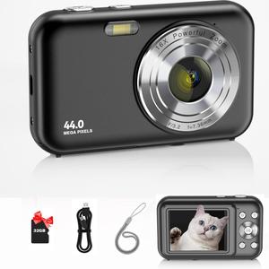 44 MPデジタルカメラキット、32 GBカード付きFHD 1080 Pカメラ、16倍デジタルズームカメラ、コンパクトポータブル小型ポイントシュートカメラ、学生ティーン初心者へのギフト