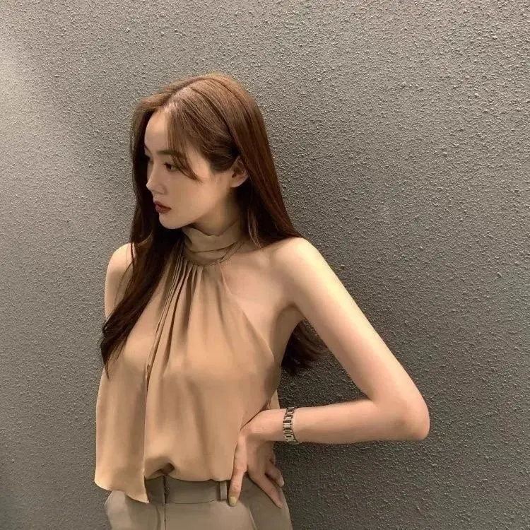 Quần Áo Nữ, Thời Trang Và Đẹp Mắt, Áo Sơ Mi Trắng, Thanh Lịch Mùa Hè Cho Nữ, Thiết Kế Streamer Cổ, Luster Satin, Áo Vest Không Tay Dáng Rộng, Hai Dây, Dành Cho Nữ 4