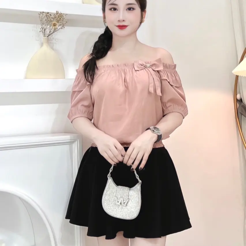 áo tơ cổ tròn đính nơ lệch