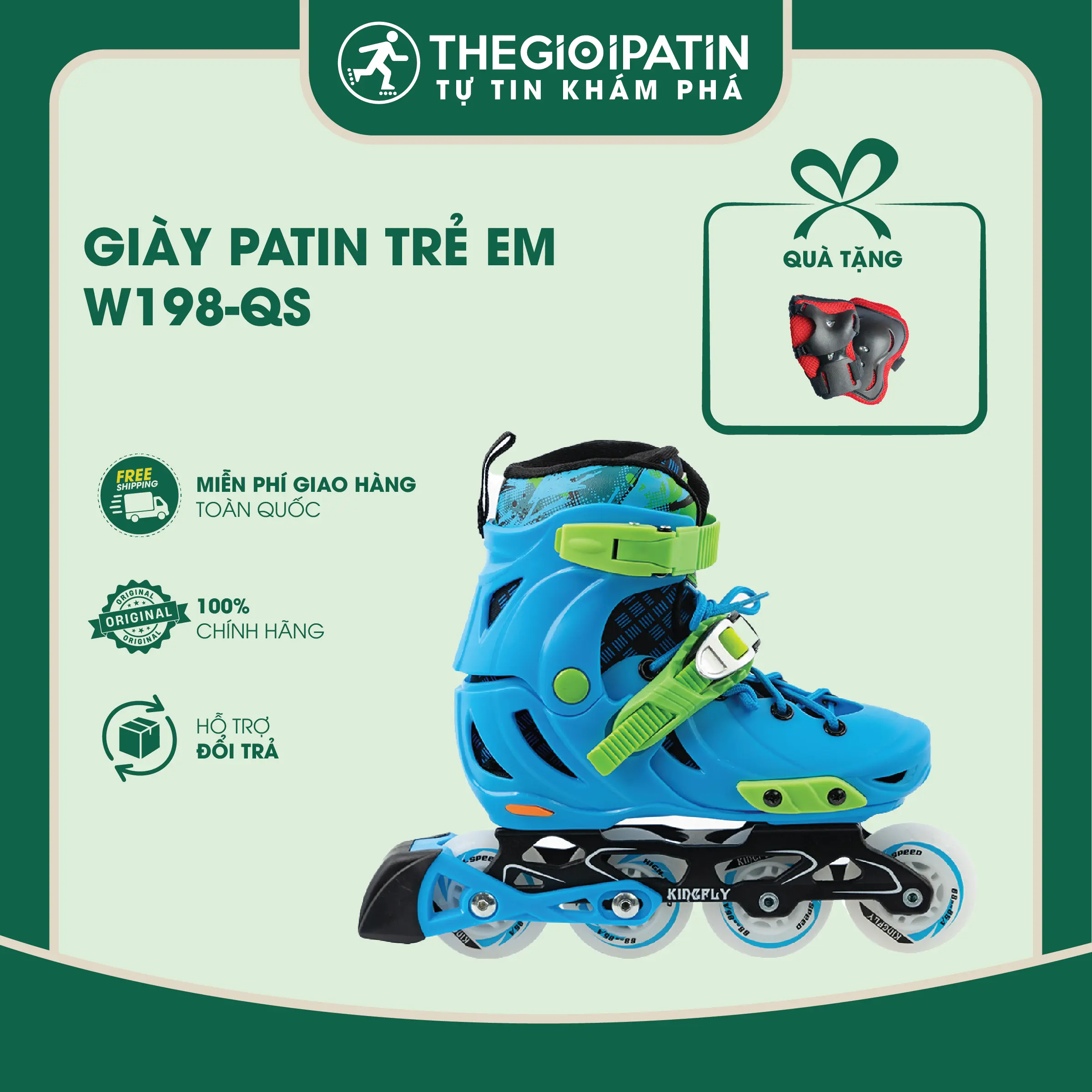 Giày Patin Trẻ Em 8 Bánh Đèn  W198-QS - Có Chế Độ Khoá Bánh, Phanh An Toàn