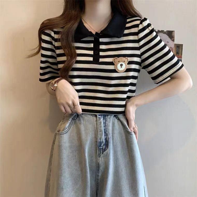 Áo Thun Ngắn Tay Sọc, Dành Cho Nữ, Dáng Rộng Rãi Và Bó Sát, Thích Hợp Cho Bé Gái Đầy Đặn, 150,00kg, Cỡ Lớn Mùa Hè, Thời Trang, Cổ Polo Vai, Áo Trên áo  ngôi  sao  captain áo  thun  kẻ  sọc  ngang  nữ 5