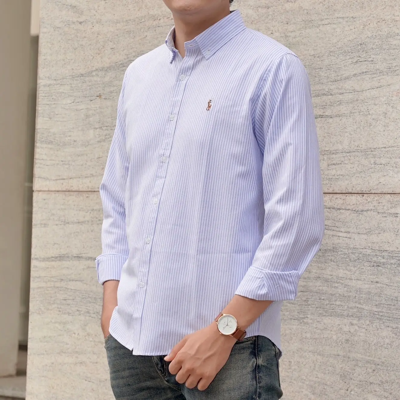 Áo Sơ Mi Thêu Hình Ngựa 5 Màu Vải Oxford Tay Dài Kẻ Sọc Màu Xanh Unisex sominam dep