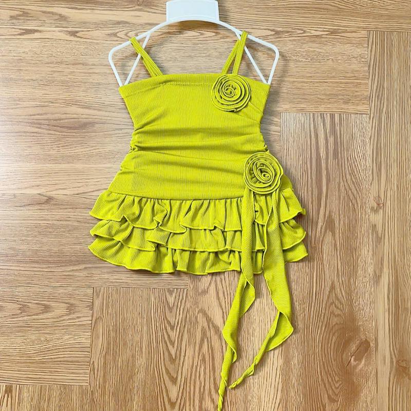 S292 Thiết kế body thun gân dây nhún hông xòe 3 tầng 2 hoa dễ thương 8-30kg 2