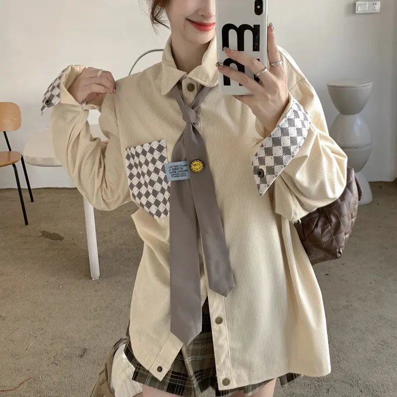 Kemeja Korduroi Korean Vintage Kemeja Wanita Oversize Atasan Lengan Panjang Termasuk Lencana Dasi