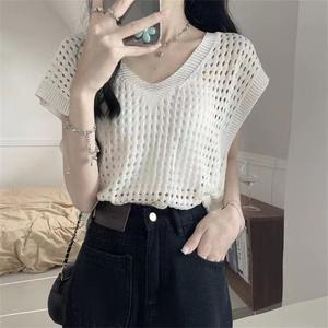 Gray Hollow Knit Top Women's Summer Design Sense Niche Sun Protection Loose Cover-Up Unique Versatile Unique Top