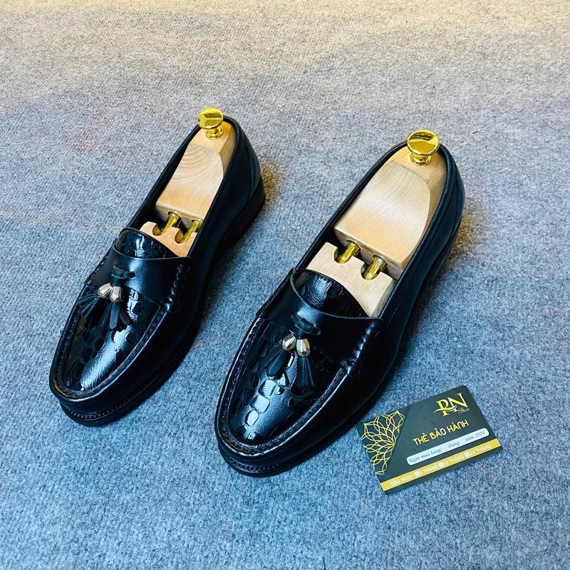 Giày da bò nhập, đế phíp gỗ, chuông bạc, vân đá, máy gân