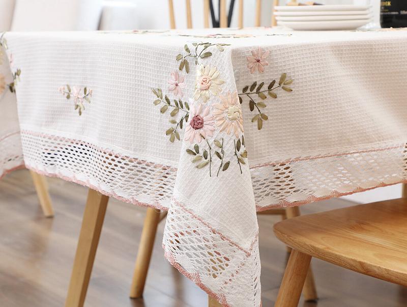 Product Introduction of White Square Tablecloth Fabric Cotton and Linen Indie Style Rectangular Table Cover Round Tablecloth Pastoral Tablecloth Embroidery 7