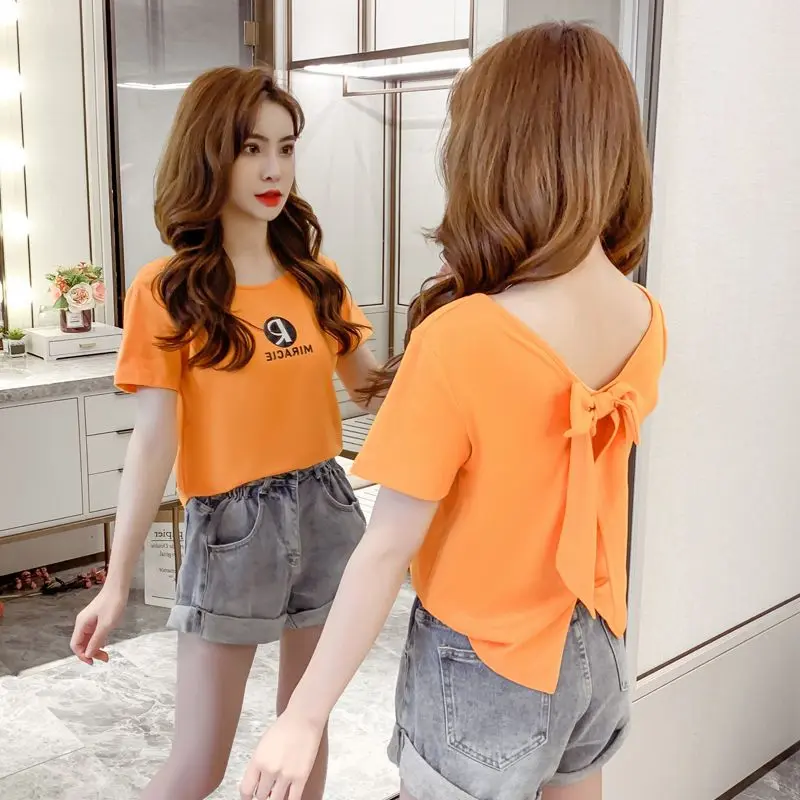 Áo Thun Ngắn Tay Hai Mặt Ins Siêu Phổ Biến, Dành Cho Nữ, Hàng Mới Về Mùa Hè 2023, Thiết Kế Nơ Hở Lưng, Áo Crop Top Dáng Rộng