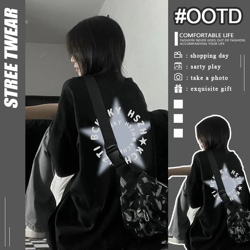 Kemeja-t kapas 100% dengan cetakan pentagram untuk wanita, kemeja-t musim panas longgar, Asal, Ins Baju Tops