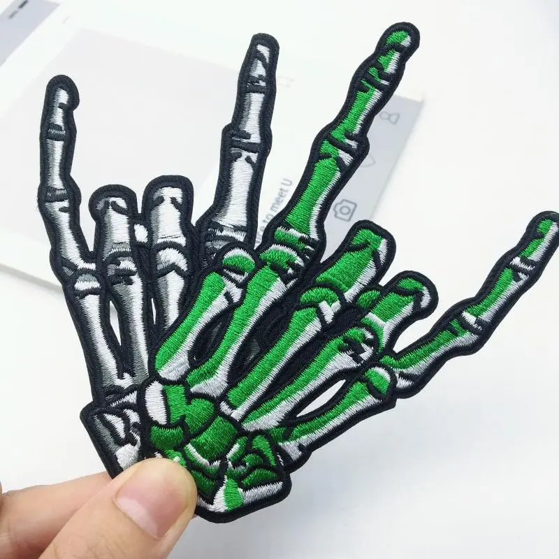 Punk Skull Finger Pattern Embroidery Patch, 2 Counts Halloween Iron on Patch for for Clothes, Bags, Hats, DIY Sew on Patch for Decor