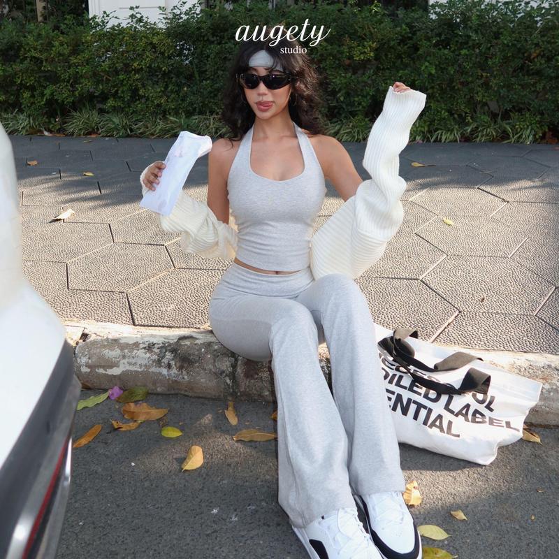 Set Áo Croptop Dây Cổ Ôm và Quần Thun Ống Loe Dài Gập Eo, AUGETY Evelyn Set Nữ Cotton