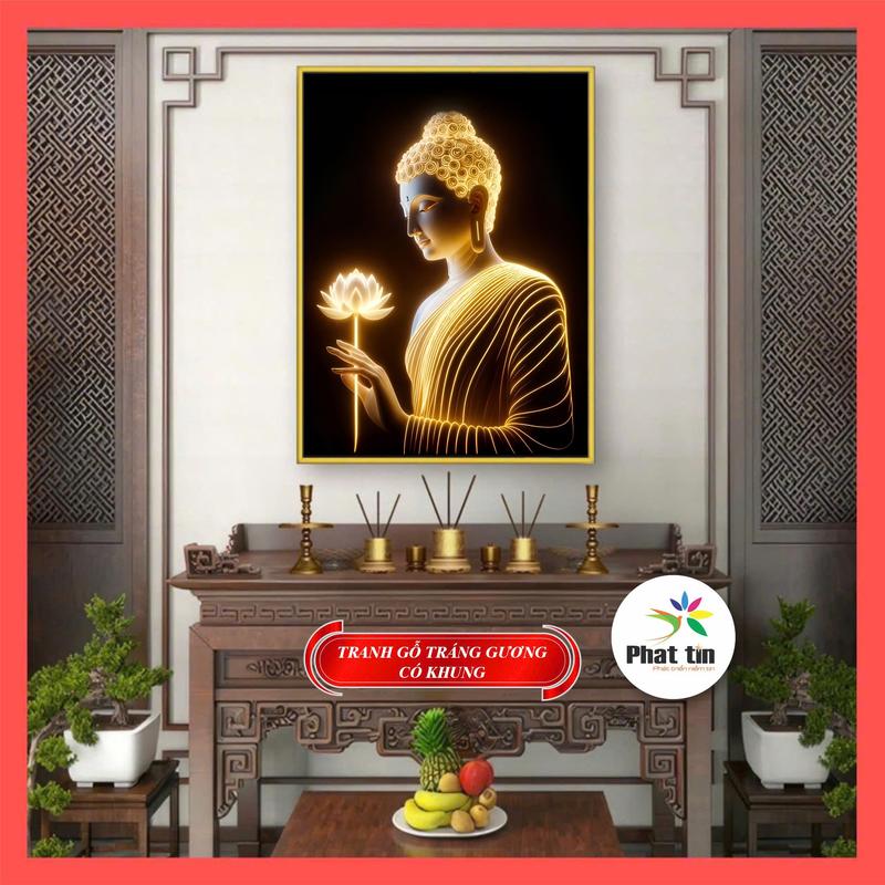 Trang trí bàn thờ Phật tranh Đức Phật Thích Ca ảnh gỗ tráng gương có khung treo tặng kèm đinh tranh treo tường phòng khách tranh decor Phát Tín