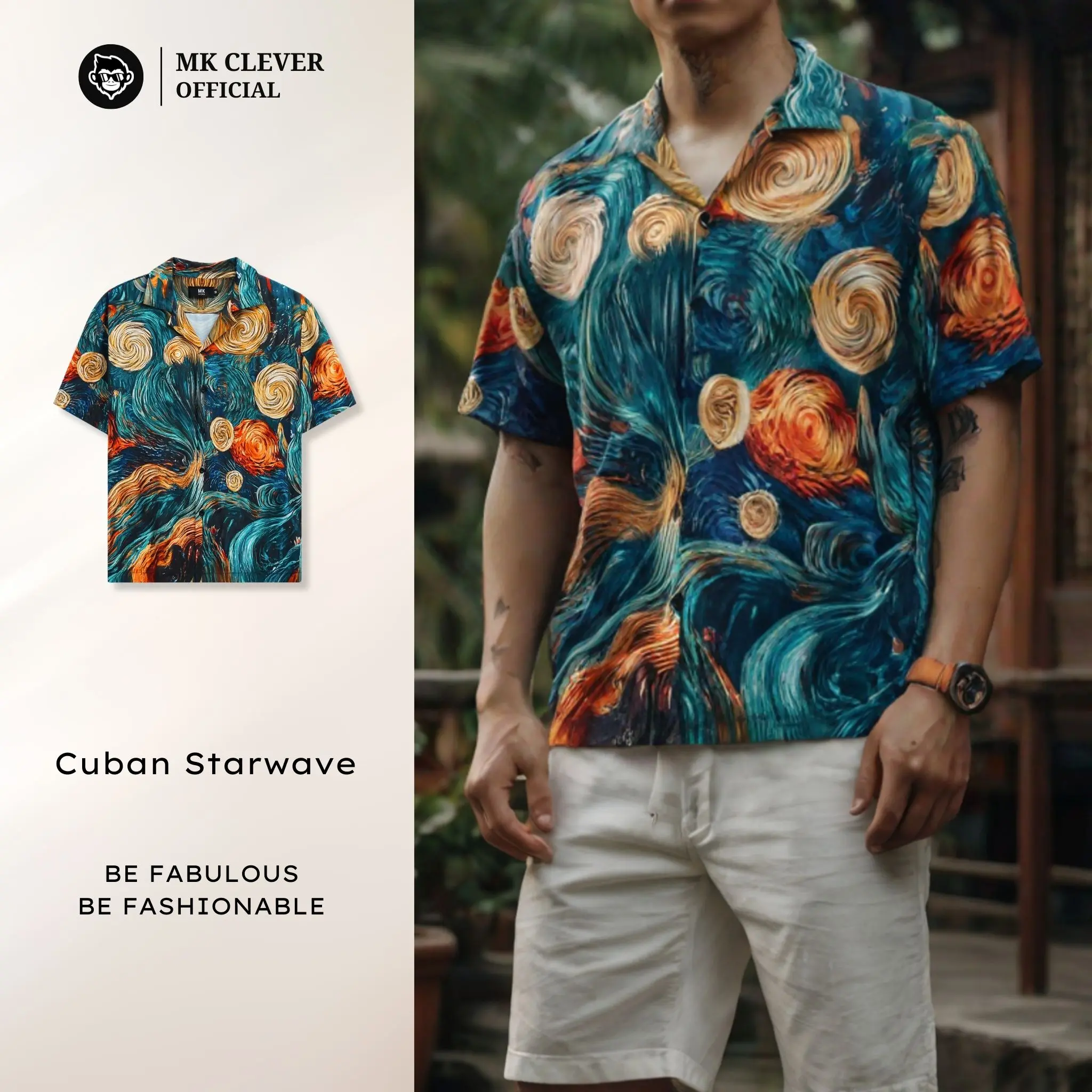 Áo sơ mi Cuban Starwave MK CLEVER họa tiết sắc màu, Chất liệu vải lụa mịn siêu đẹp, form dáng trẻ trung Menswear Nam