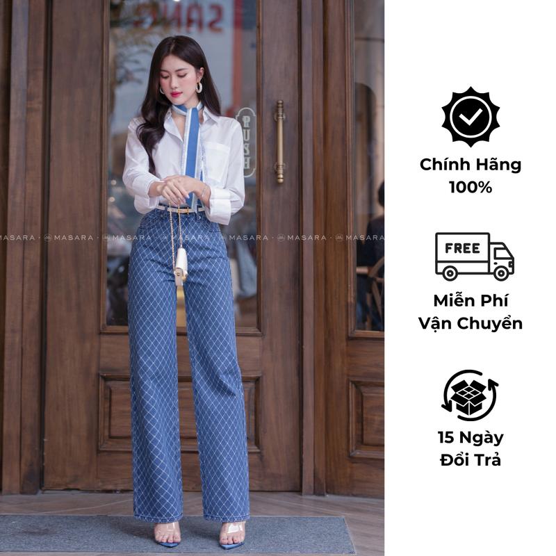 Quần jeans suông kẻ caro màu xanh