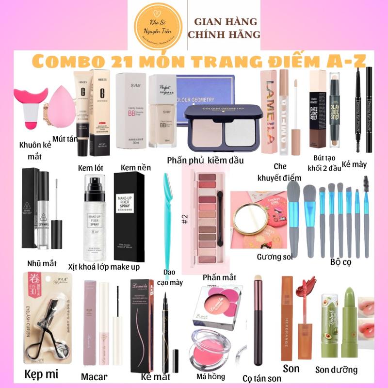 Bộ 21 sản phẩm trang điểm cho mặt Mỹ Phẩm Má hồng dao cạo mày khuông kẻ mắt phấn phủ che khuyết điểm bông mút gương xịt khoá nền kem nền kẻ mắt Son Cushion Cosmetic Nữ